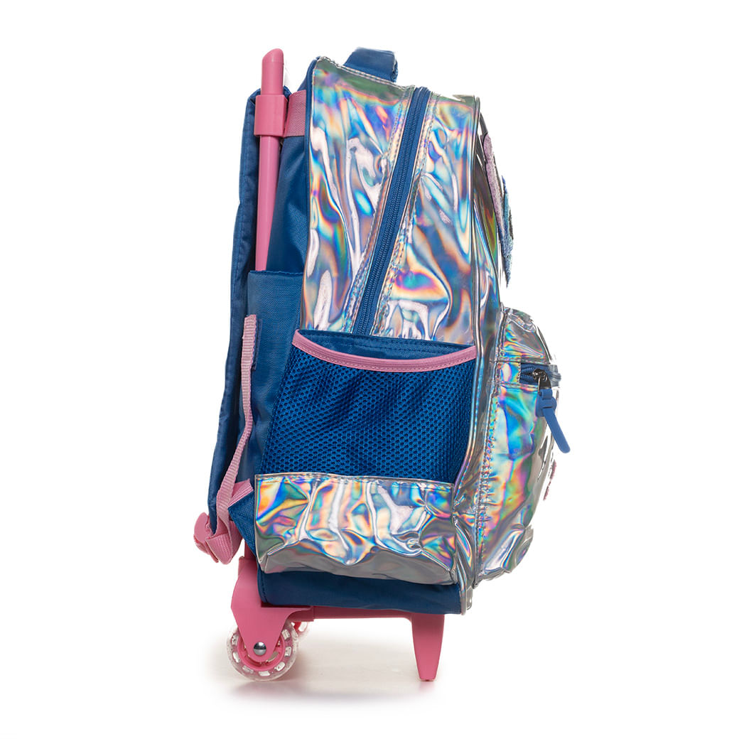 Mochila Luxcel Stitch prata vista lateral com alças acolchoadas e bolso lateral em tela azul